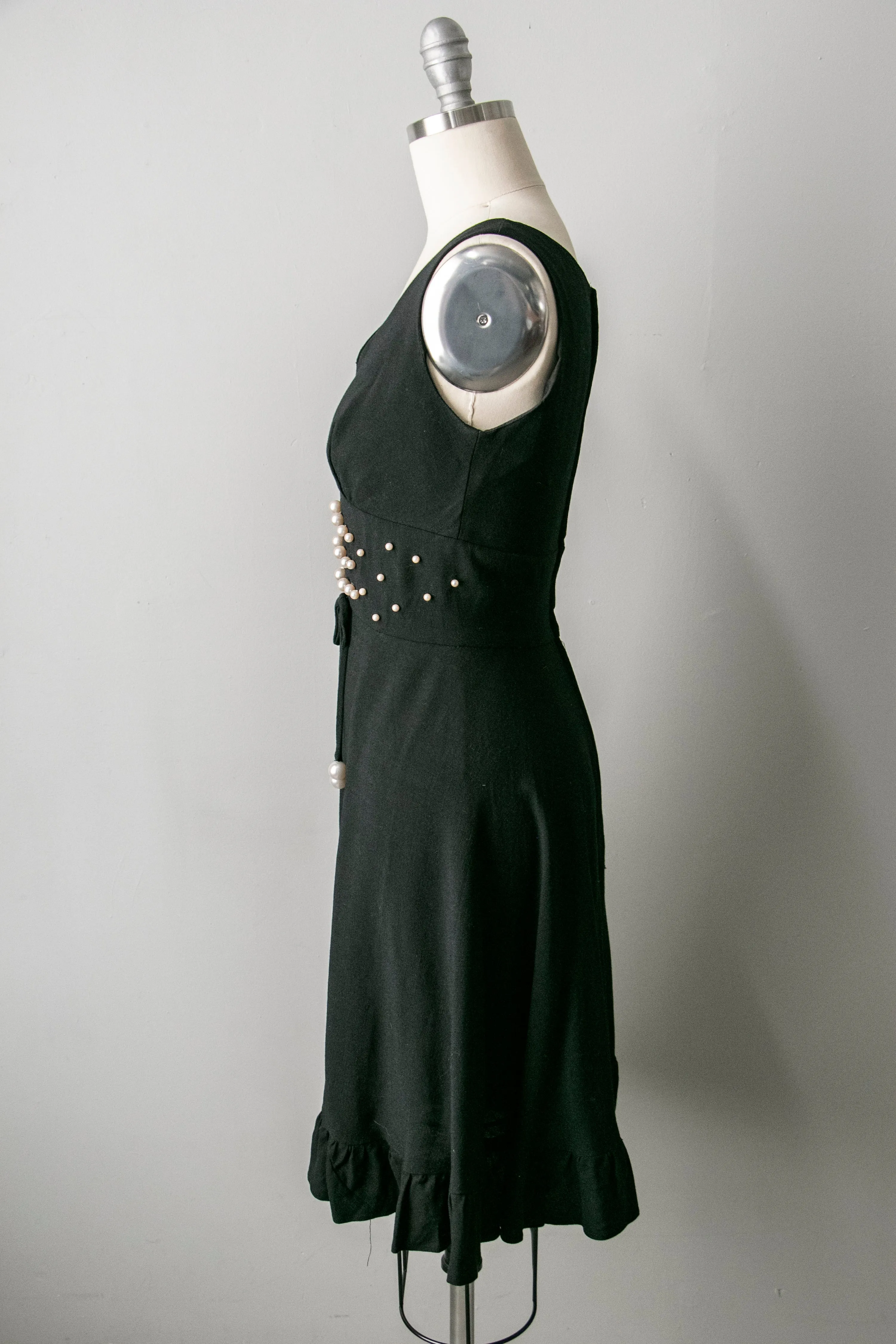 1960s Dress Black Linen Beaded XS