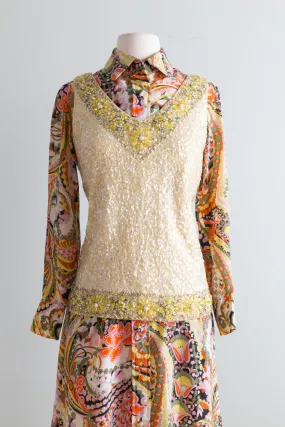 1960's Lemon & Pearl Beaded Knit Daisy Top / Medium