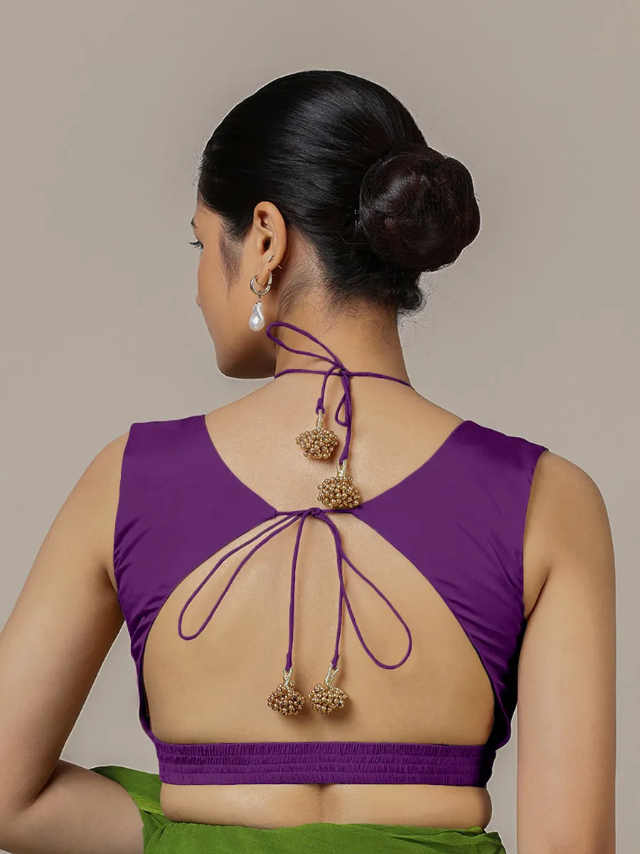 Ahana x Rozaana | Purple Sleeveless FlexiFit™ Saree Blouse with Plunging Neckline and Back Cut Out with Tie-up