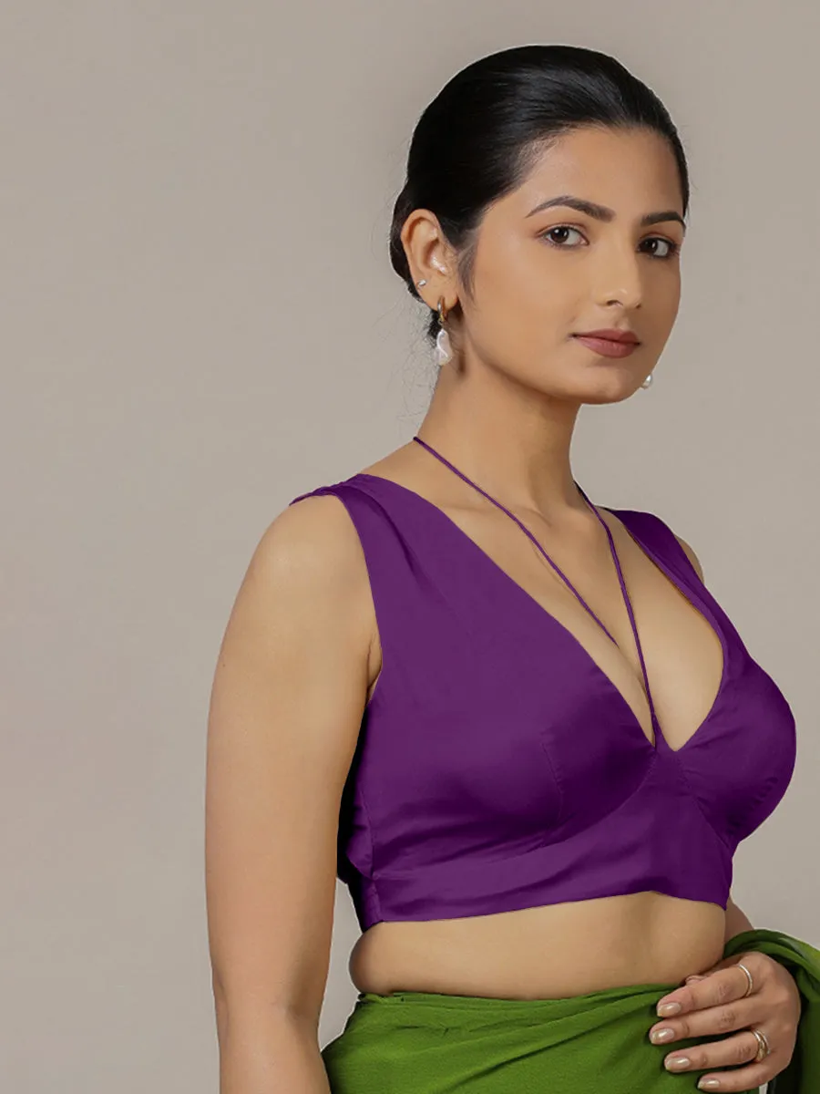 Ahana x Rozaana | Purple Sleeveless FlexiFit™ Saree Blouse with Plunging Neckline and Back Cut Out with Tie-up