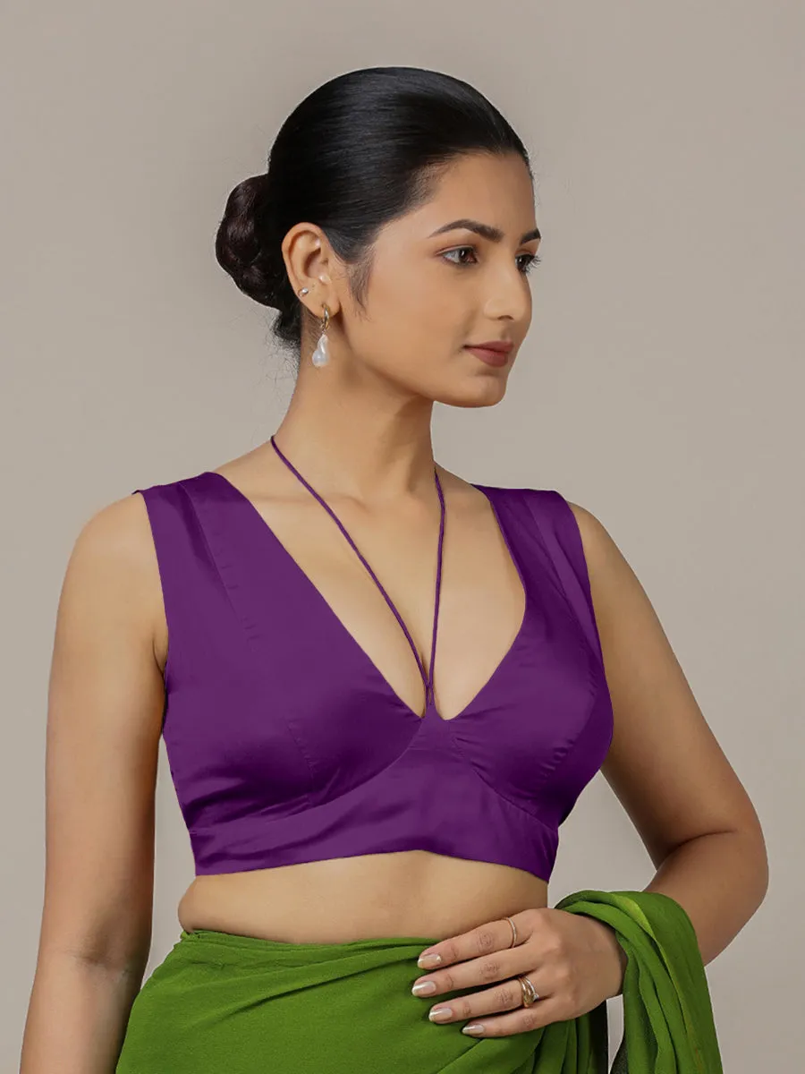 Ahana x Rozaana | Purple Sleeveless FlexiFit™ Saree Blouse with Plunging Neckline and Back Cut Out with Tie-up