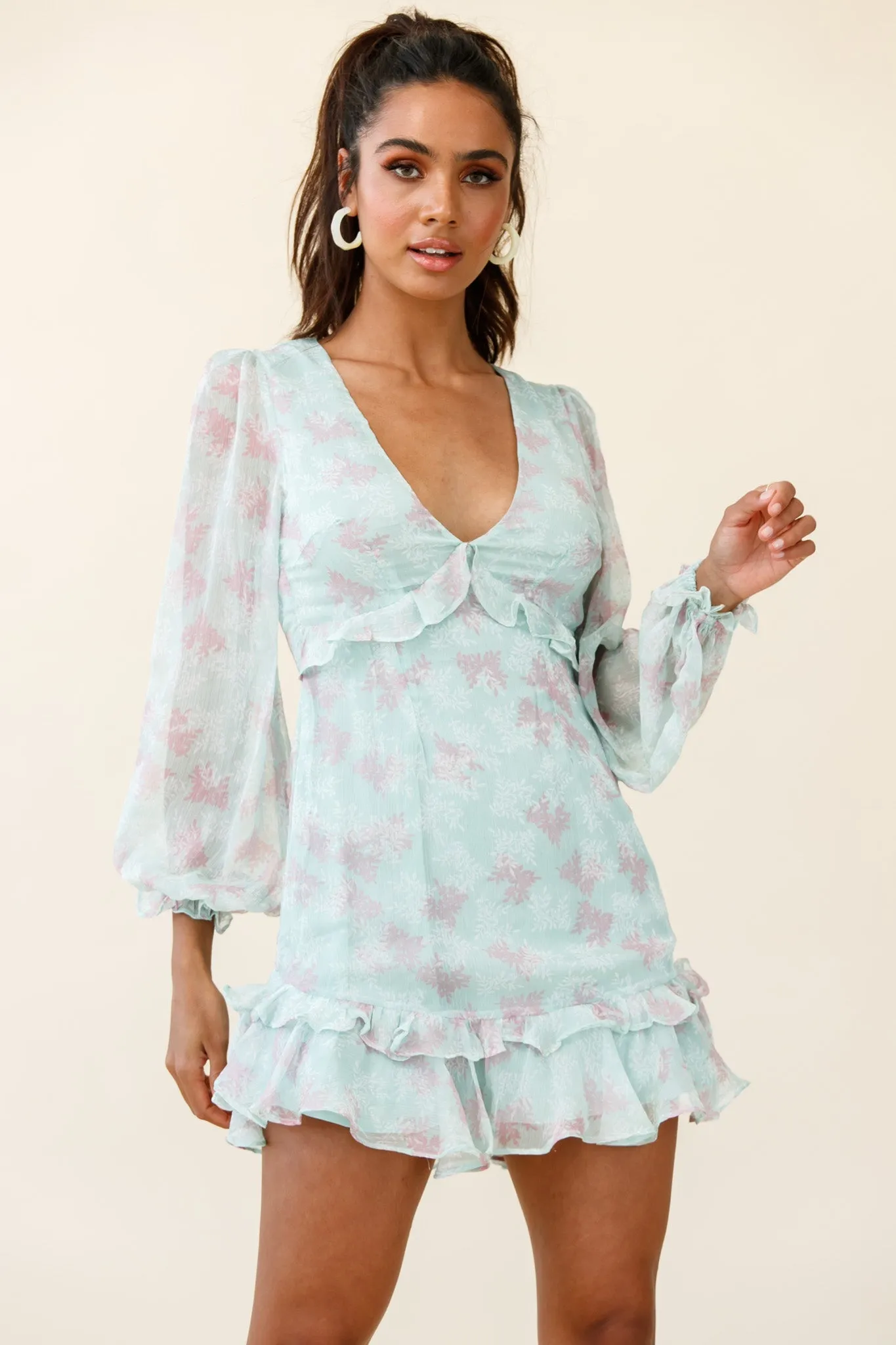 Amarantha Sheer Balloon Sleeve Frill Trim Dress Floral Print Mint