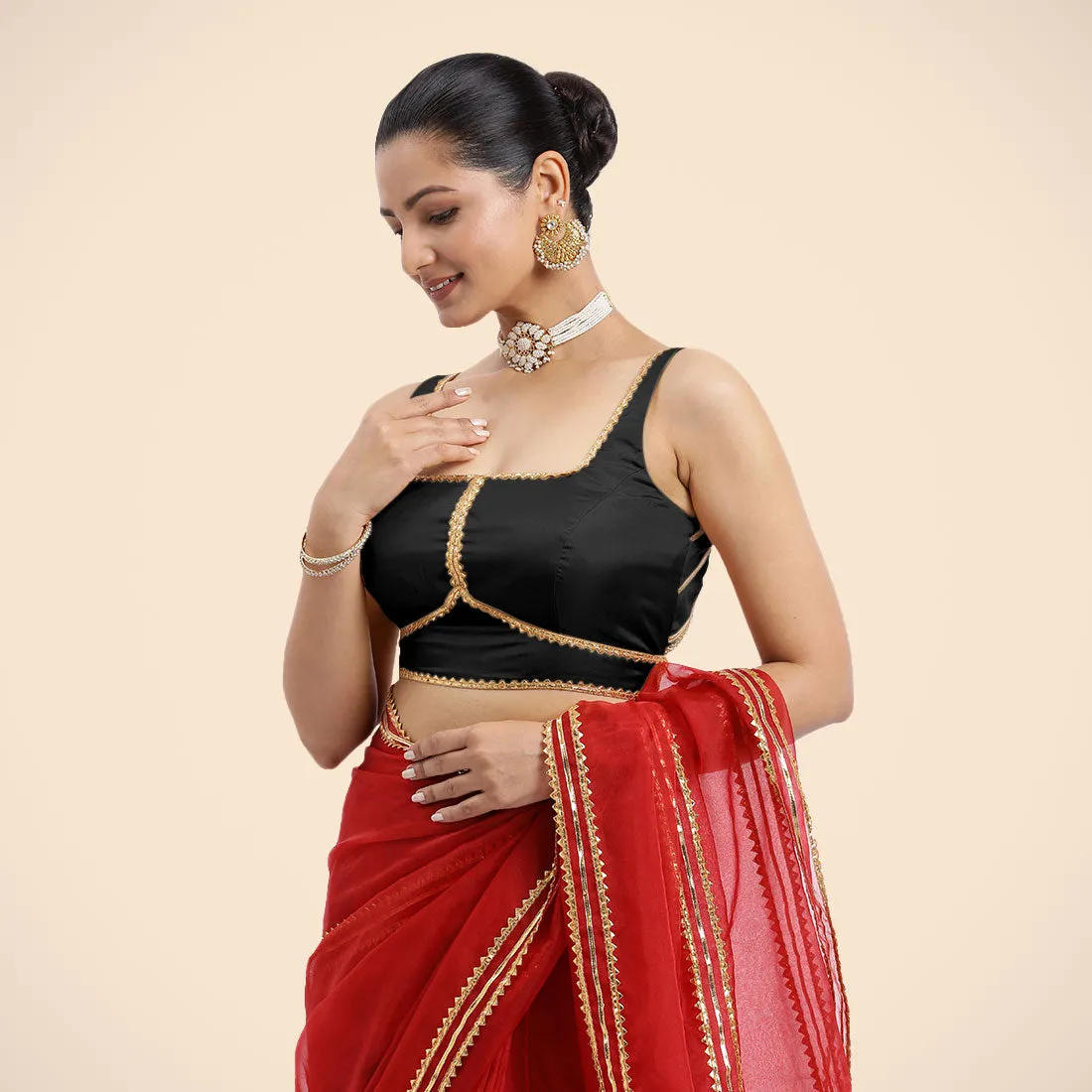 Arya x Tyohaar | Charcoal Black Sleeveless FlexiFit™ Saree Blouse with Square Neck and Back Window Embeliished with Golden Gota and Pearl Lace