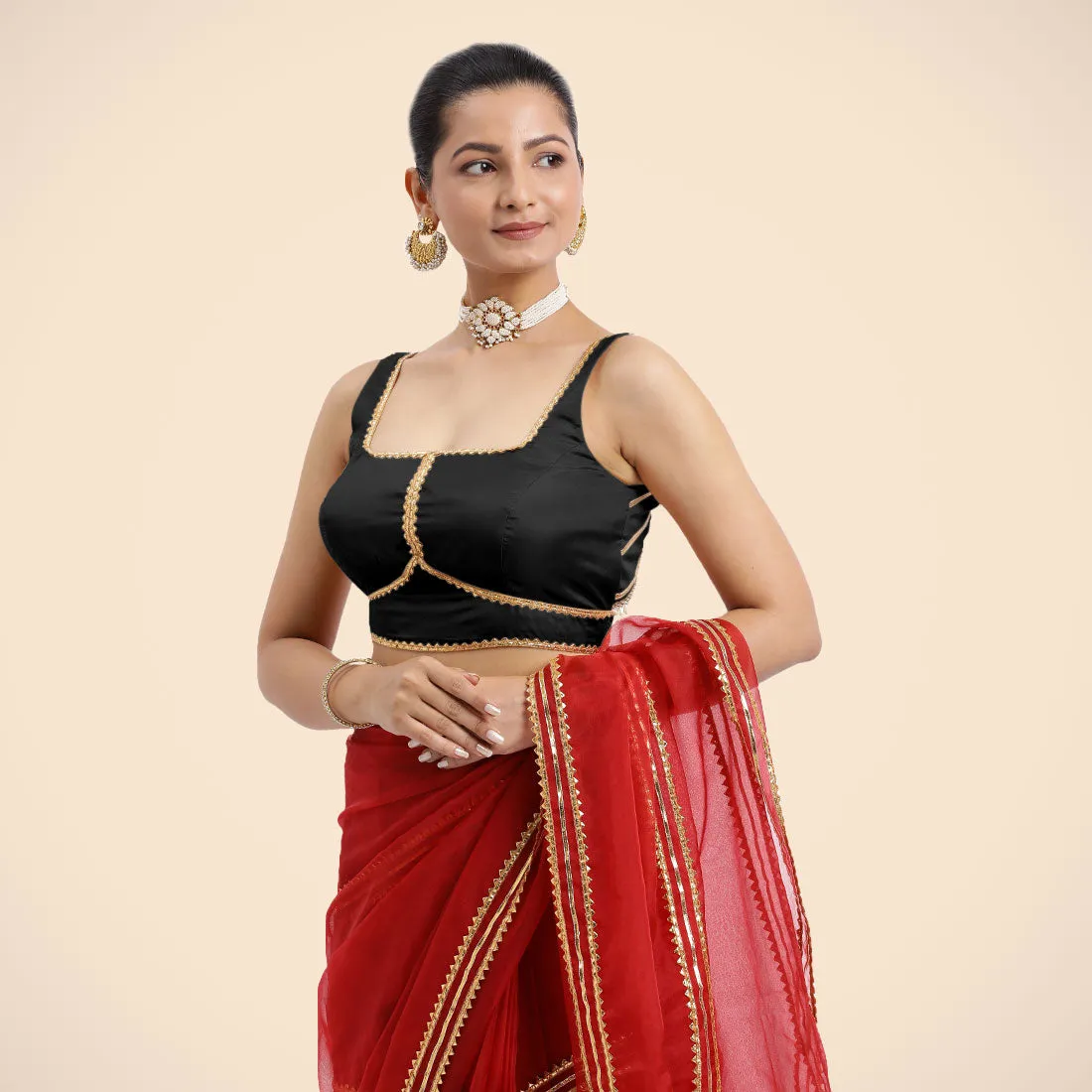 Arya x Tyohaar | Charcoal Black Sleeveless FlexiFit™ Saree Blouse with Square Neck and Back Window Embeliished with Golden Gota and Pearl Lace