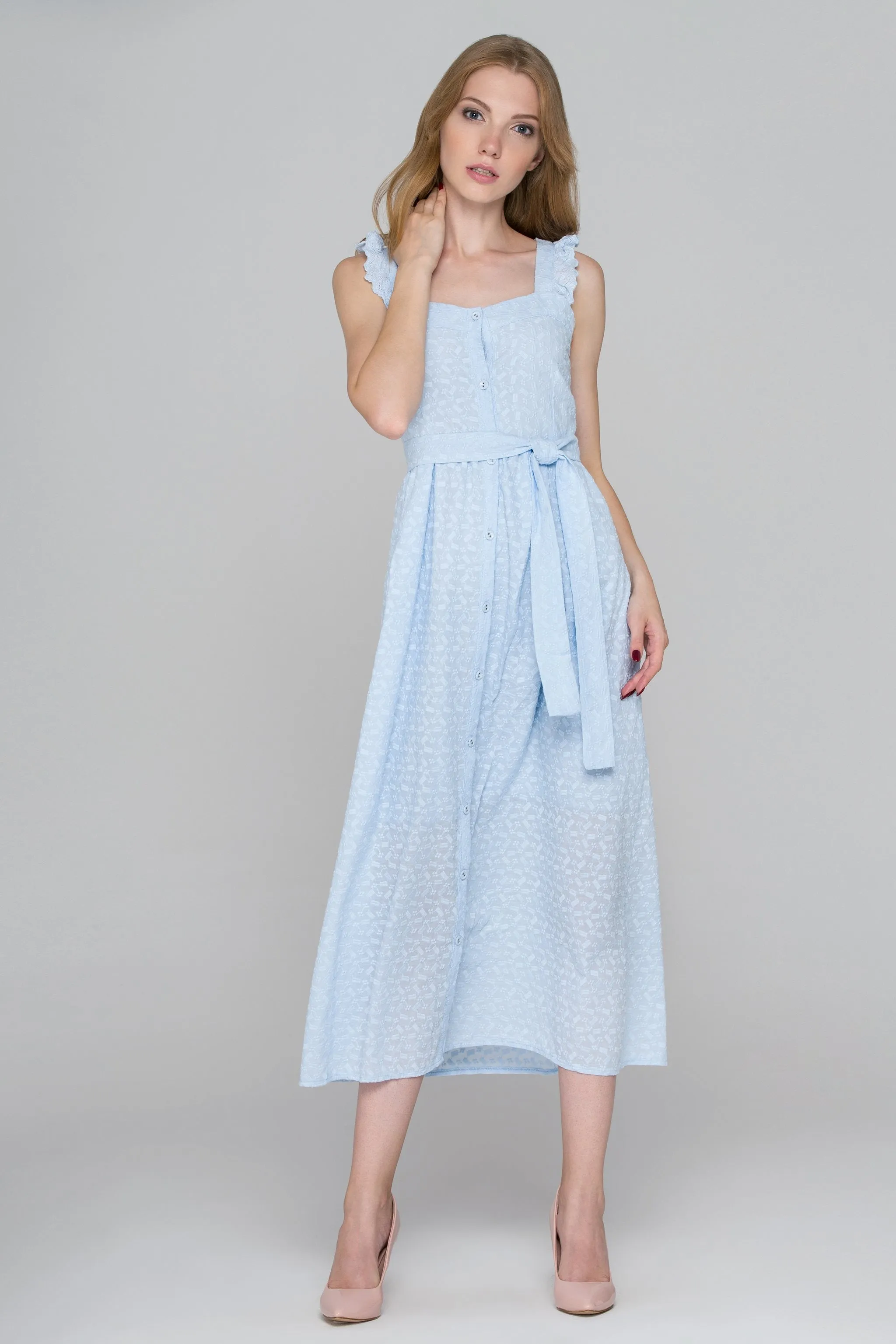 Baby Blue Eyelet Button Up Midi Dress