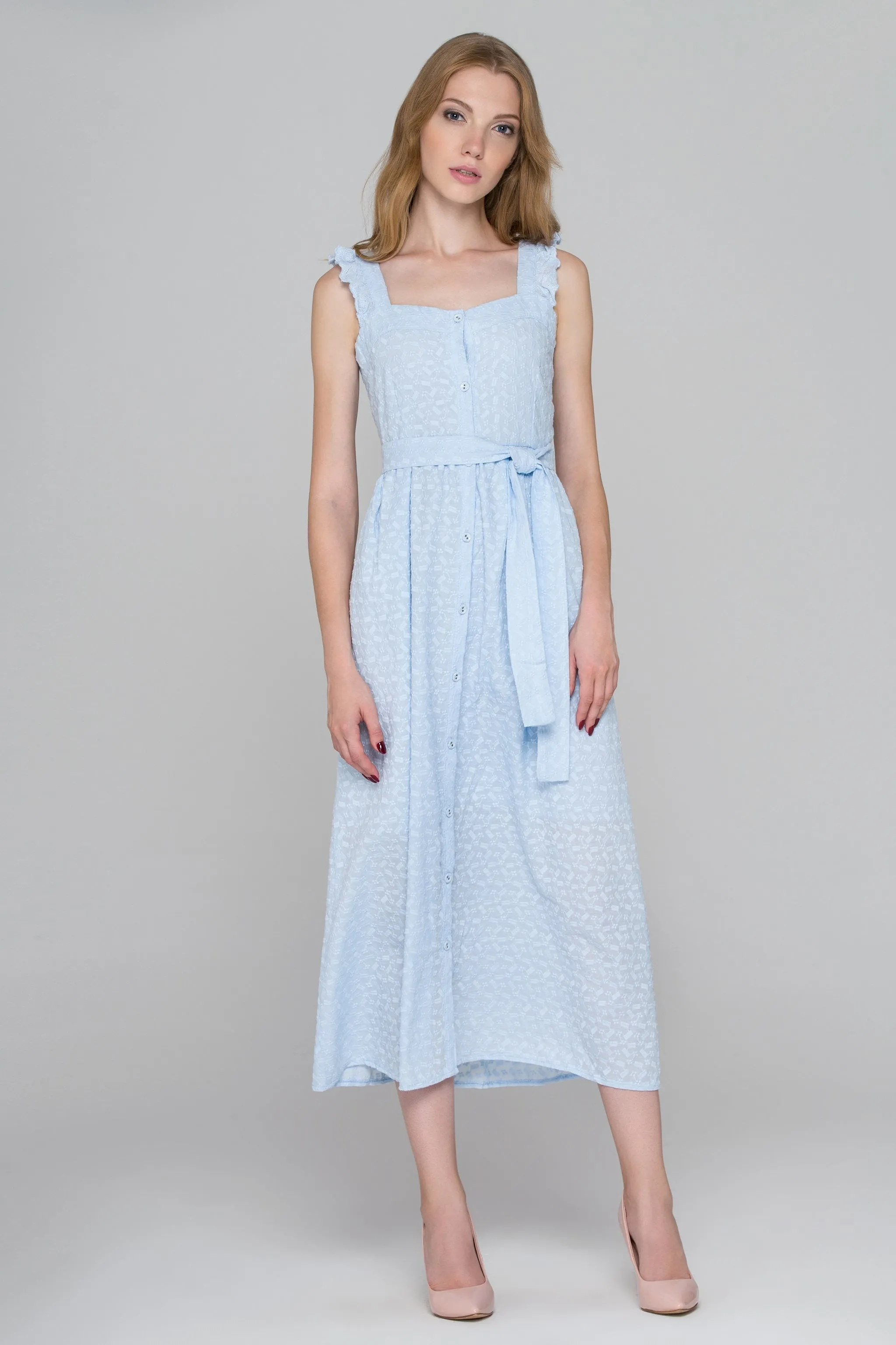 Baby Blue Eyelet Button Up Midi Dress