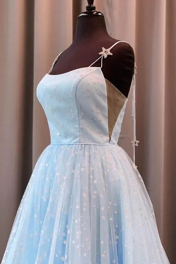 Beautiful Sky Blue Tulle Star A-line Long Prom Dresses, Formal Dresses, SP796