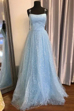 Beautiful Sky Blue Tulle Star A-line Long Prom Dresses, Formal Dresses, SP796