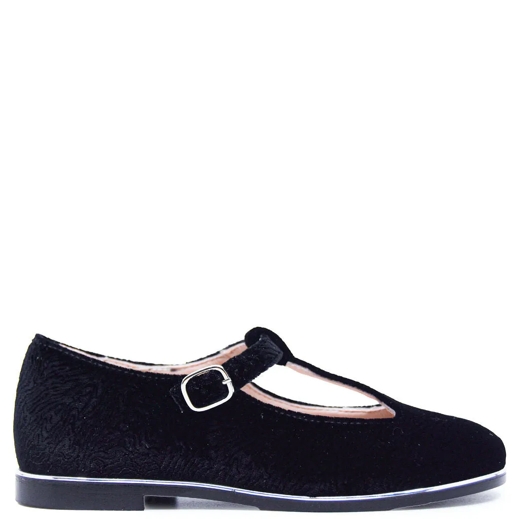 Beberlis Black Textured Velvet T Strap Mary Jane