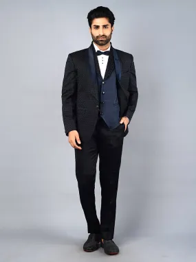 Black & Navy Blue Self Textured Regular Fit Suit | JadeBlue