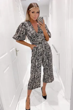 Black Animal Printed Wrap Tie Waist Jumpsuit