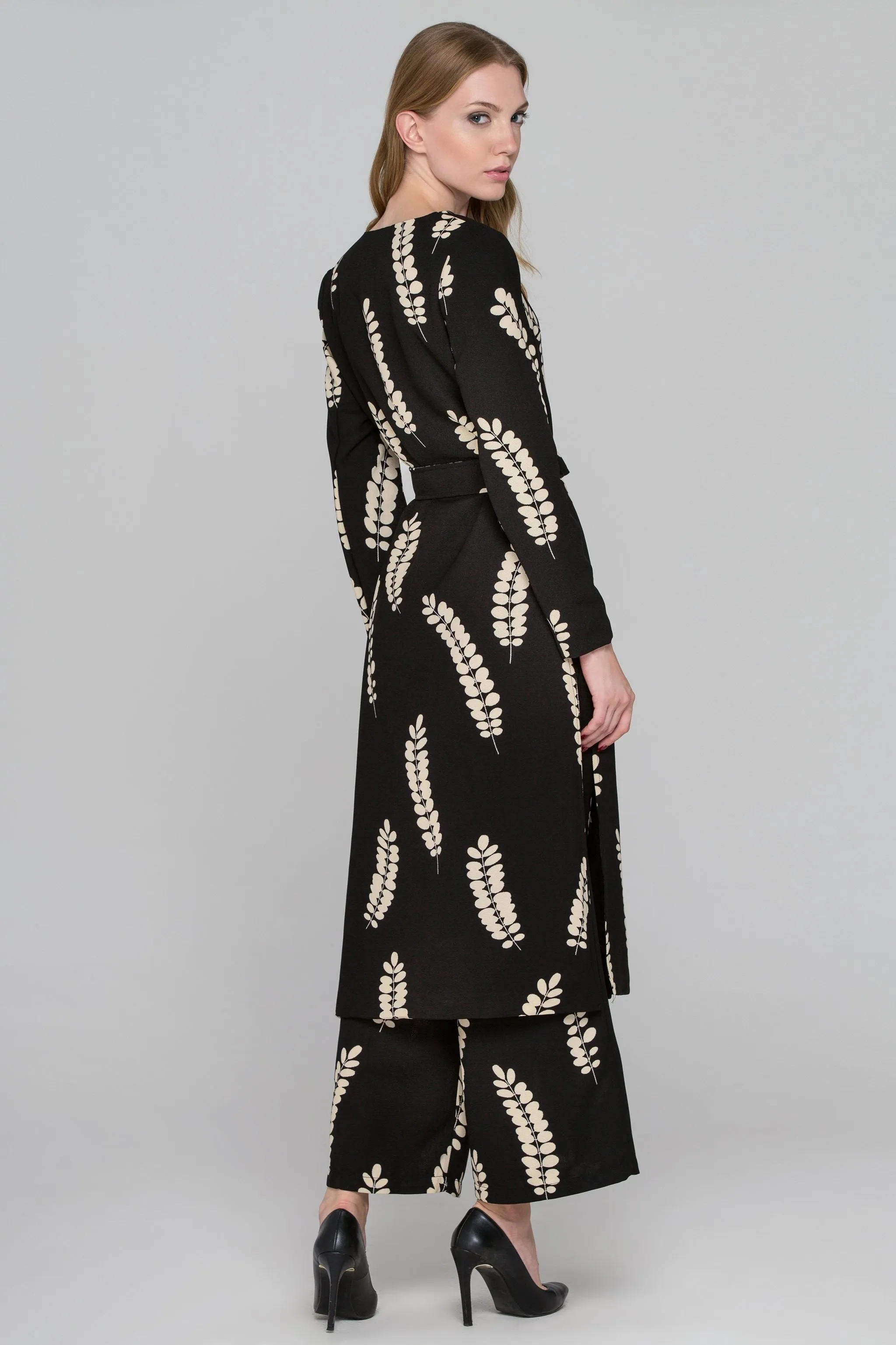 Black Coffee Leaf Print Long Blazer and Pants Set