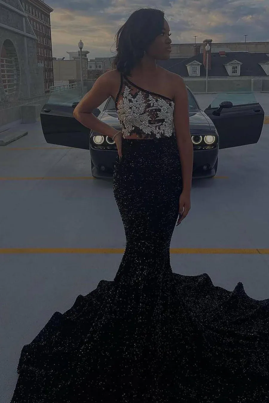 Black Girl One Shoulder Sleeveless Mermaid Prom Dress With Sequins Beadings, DP2651