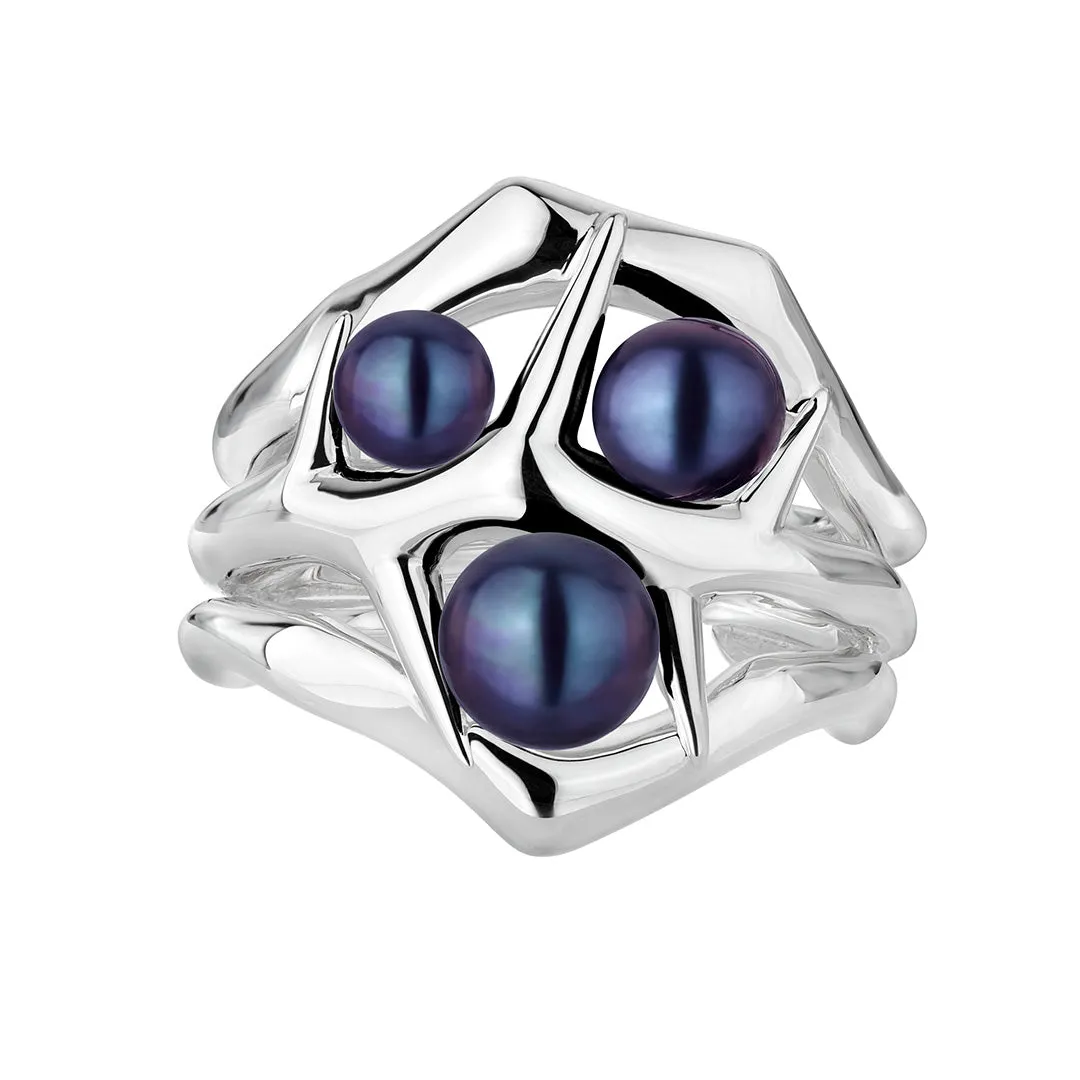 Blackthorn Triple Ring - Silver & Black Pearl