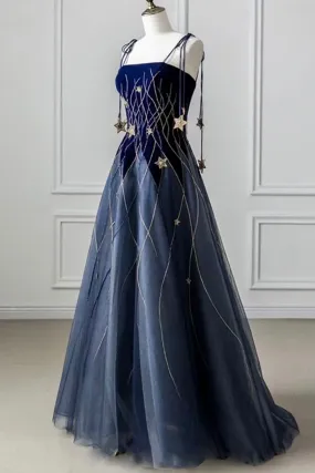 Blue Spaghetti Strap Long Prom Dress with Star, Blue Evening Party Dress, DP3184