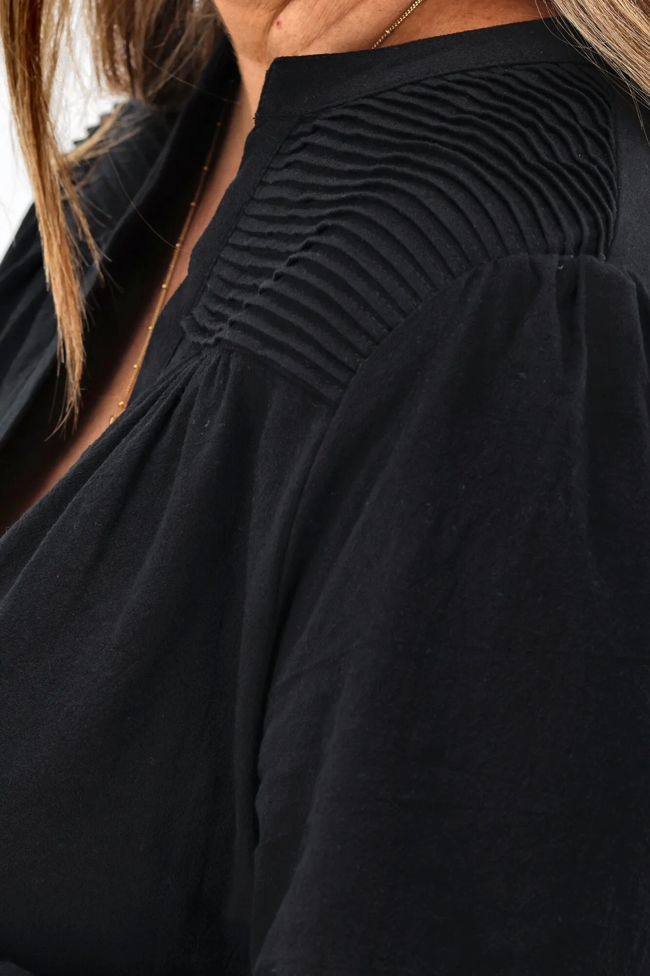 Cali & Co Pleated Shoulder Cotton Shirt Black