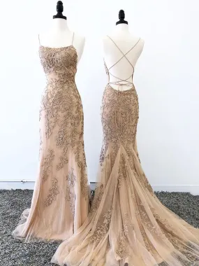 Champagne Lace Mermaid Long Evening Prom Dresses, Evening Party Prom Dresses, PDS0104