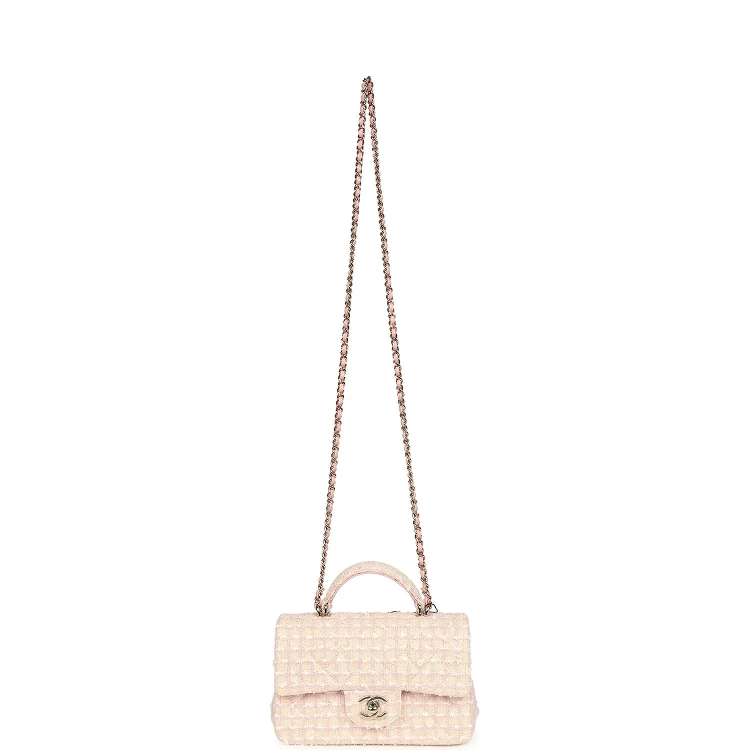 Chanel Mini Rectangular Top Handle Flap Pink and White Tweed Light Gold Hardware