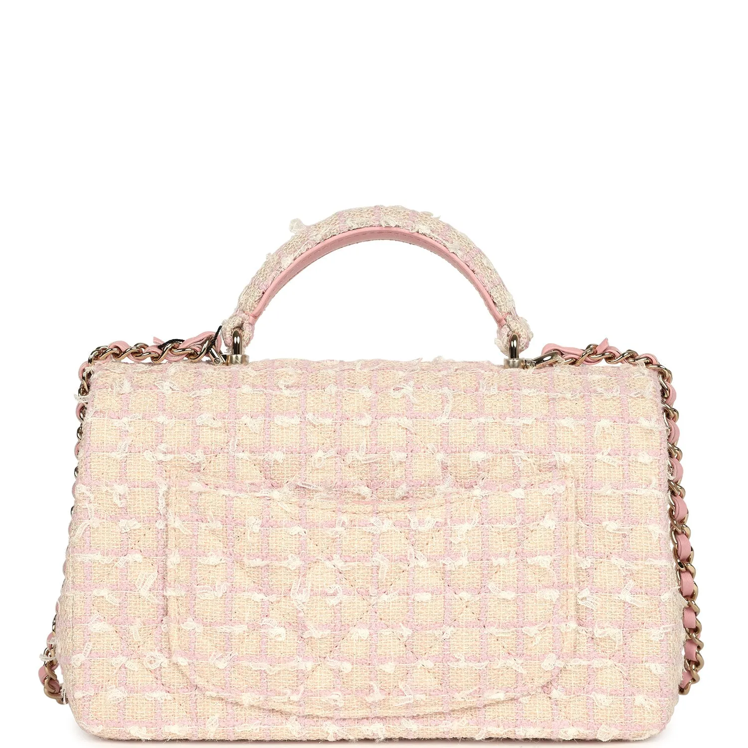 Chanel Mini Rectangular Top Handle Flap Pink and White Tweed Light Gold Hardware