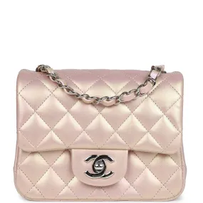 Chanel Mini Square Flap Pink Iridescent Lambskin Silver Hardware