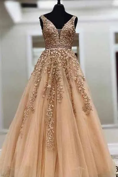 Cheap Ball Gown Gold Lace Long Prom Dresses with Appliques, Evening Dress, SP358