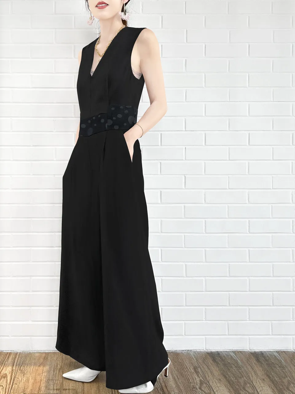 Elegant Black Dotty Belted Wide Leg Sleeveless Jumpsuit