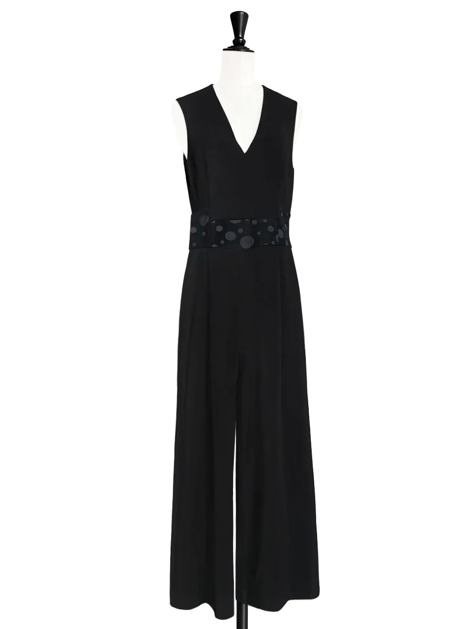 Elegant Black Dotty Belted Wide Leg Sleeveless Jumpsuit