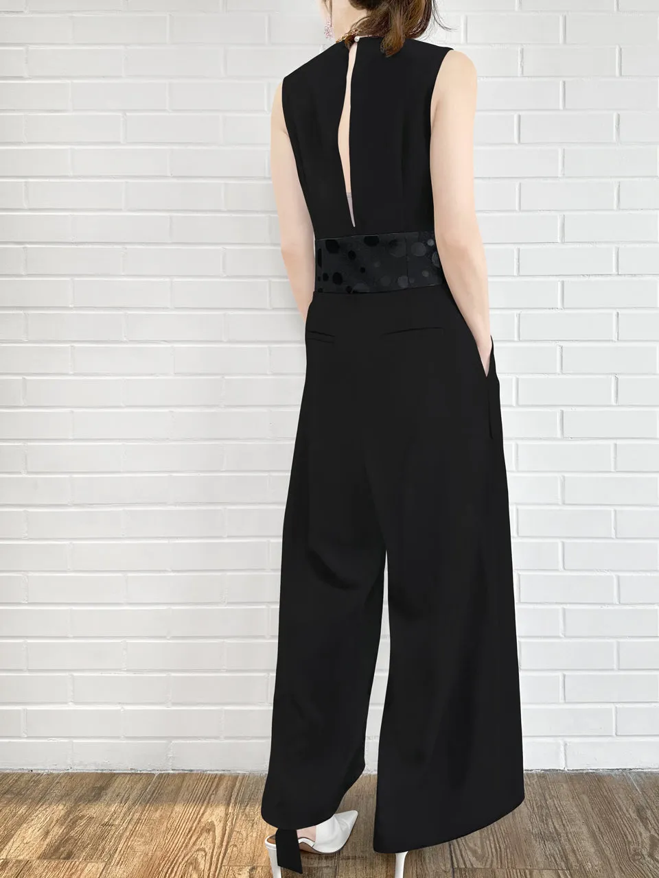 Elegant Black Dotty Belted Wide Leg Sleeveless Jumpsuit