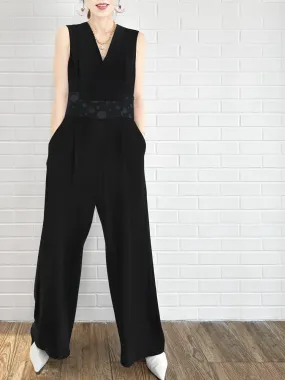 Elegant Black Dotty Belted Wide Leg Sleeveless Jumpsuit