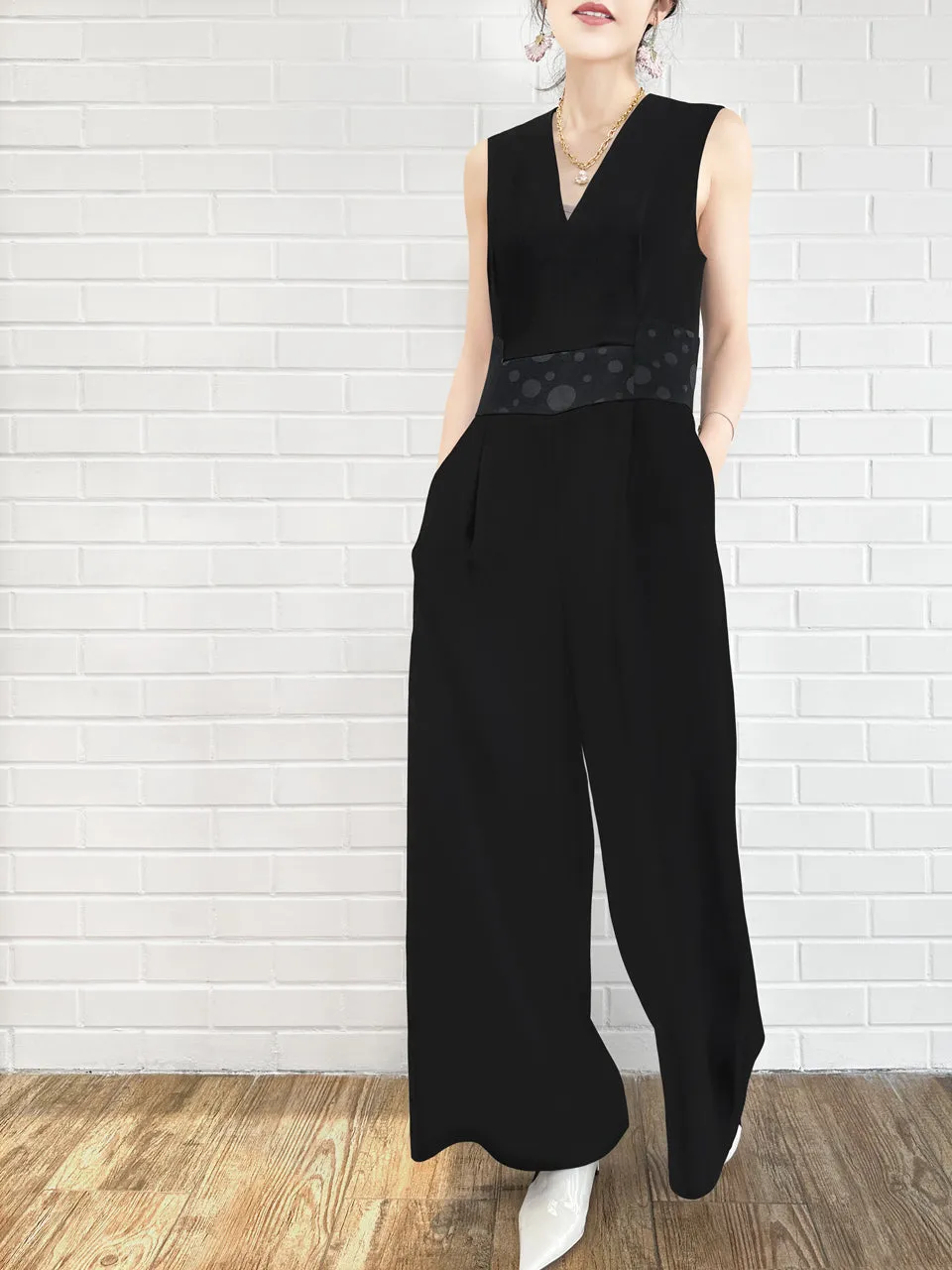 Elegant Black Dotty Belted Wide Leg Sleeveless Jumpsuit