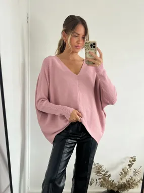 Ella Oversized knitted V Neck Jumper / Blush