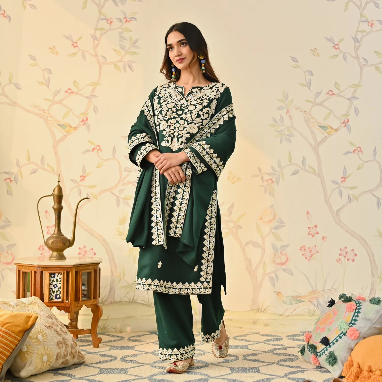 Emerald Green Woollen Embroidered Kurta Pant Set with Dupatta