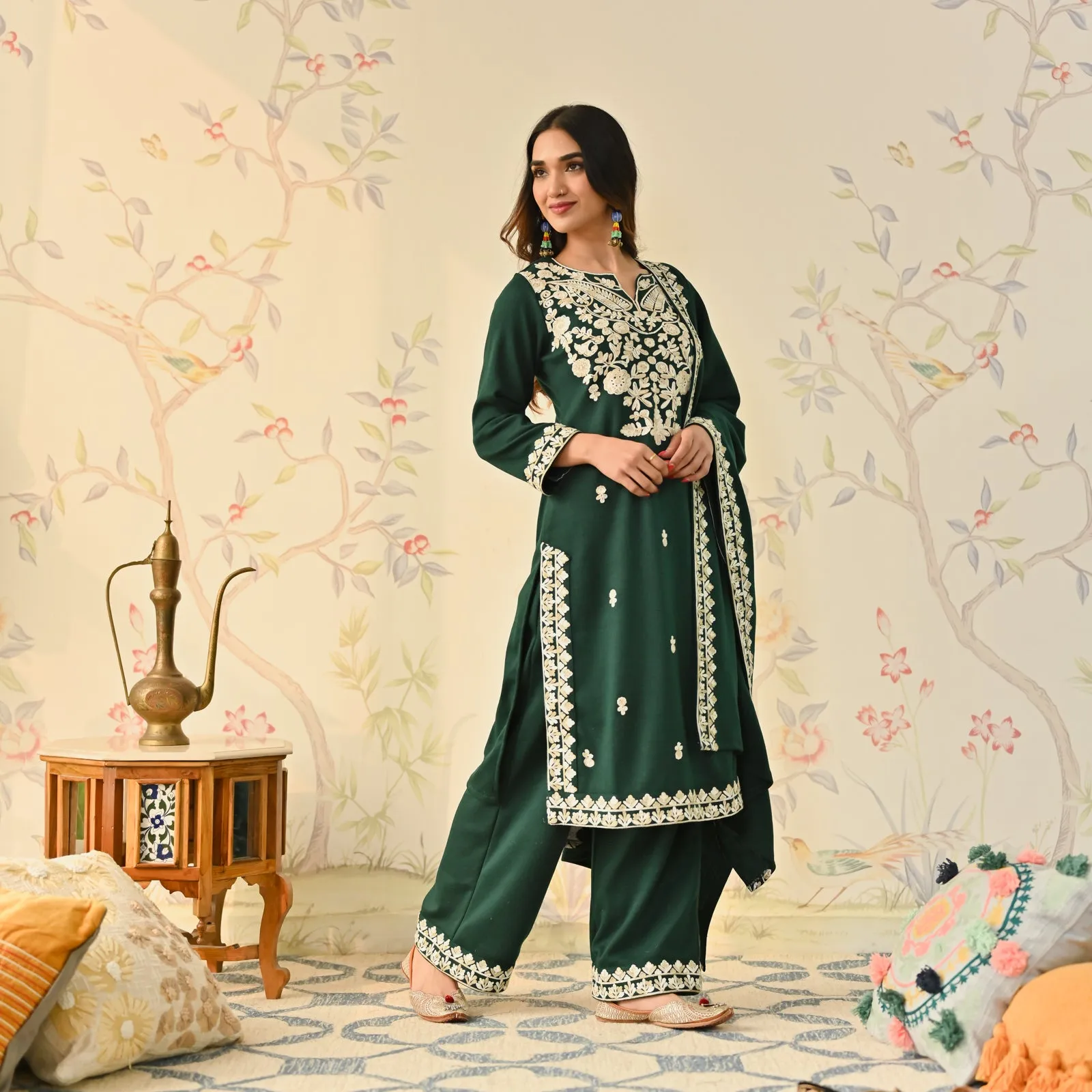 Emerald Green Woollen Embroidered Kurta Pant Set with Dupatta