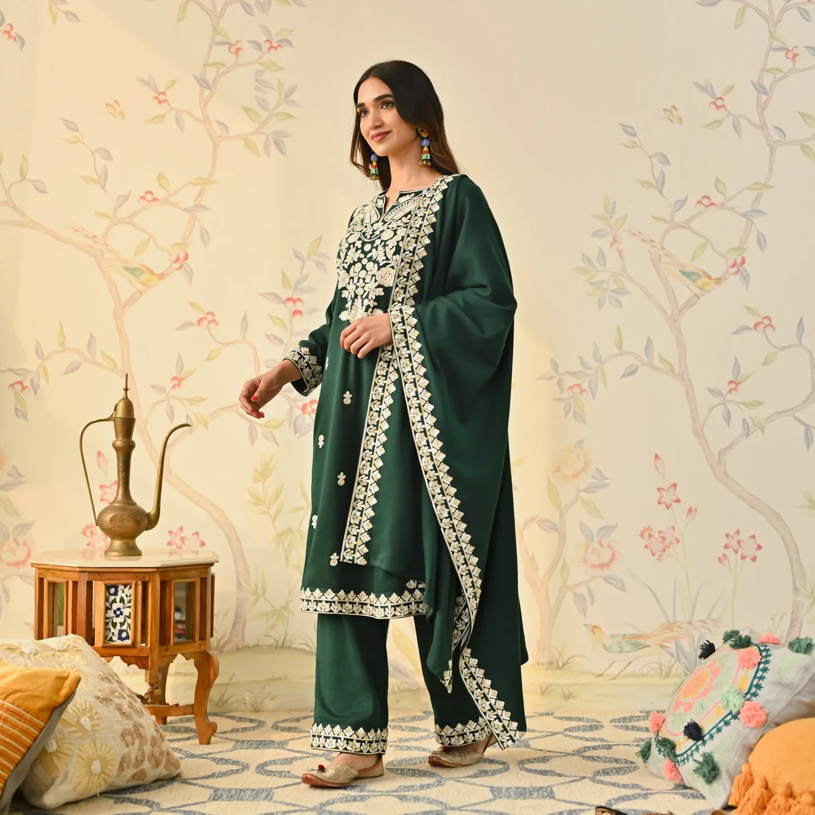 Emerald Green Woollen Embroidered Kurta Pant Set with Dupatta