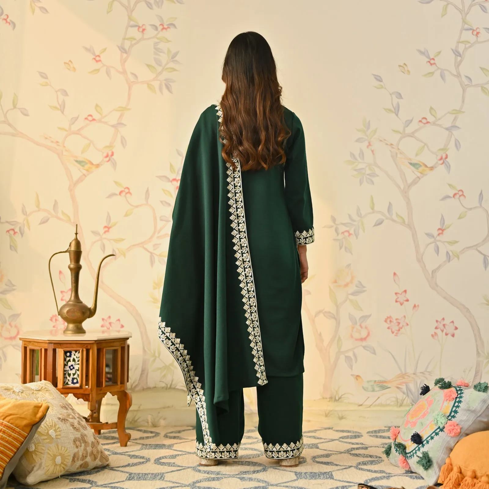 Emerald Green Woollen Embroidered Kurta Pant Set with Dupatta