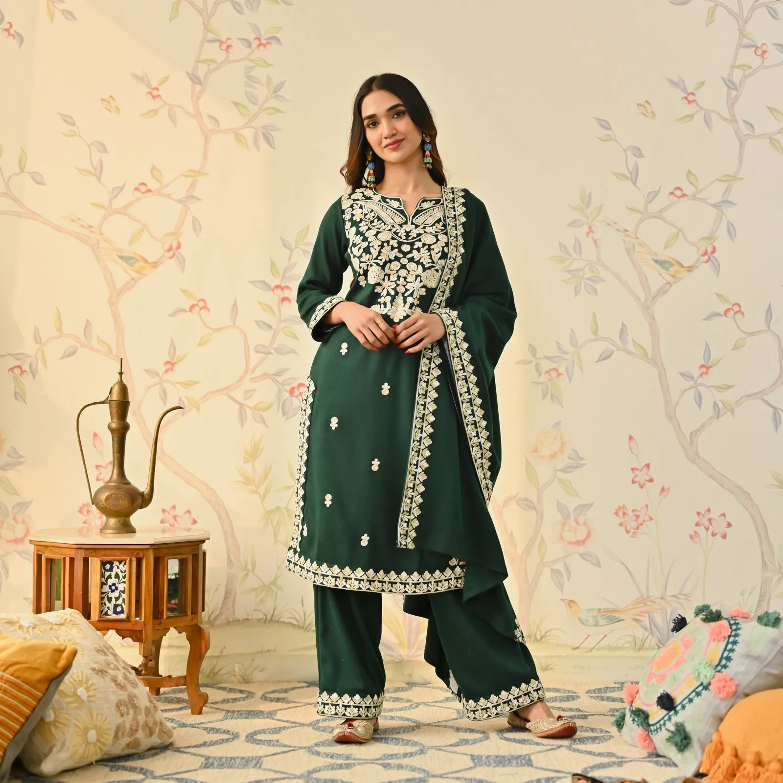 Emerald Green Woollen Embroidered Kurta Pant Set with Dupatta