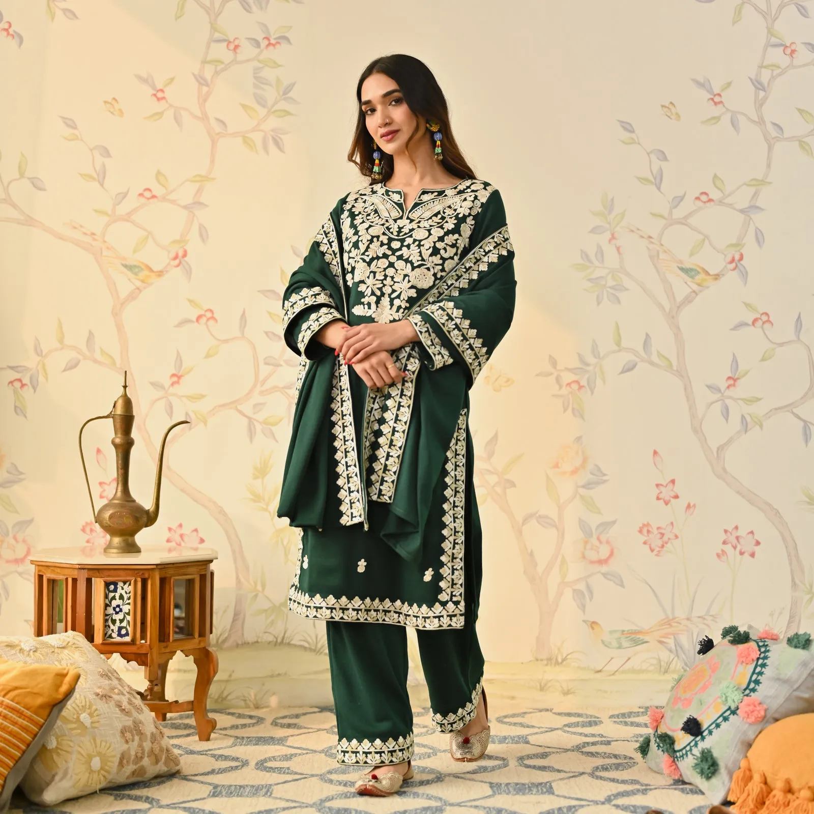 Emerald Green Woollen Embroidered Kurta Pant Set with Dupatta