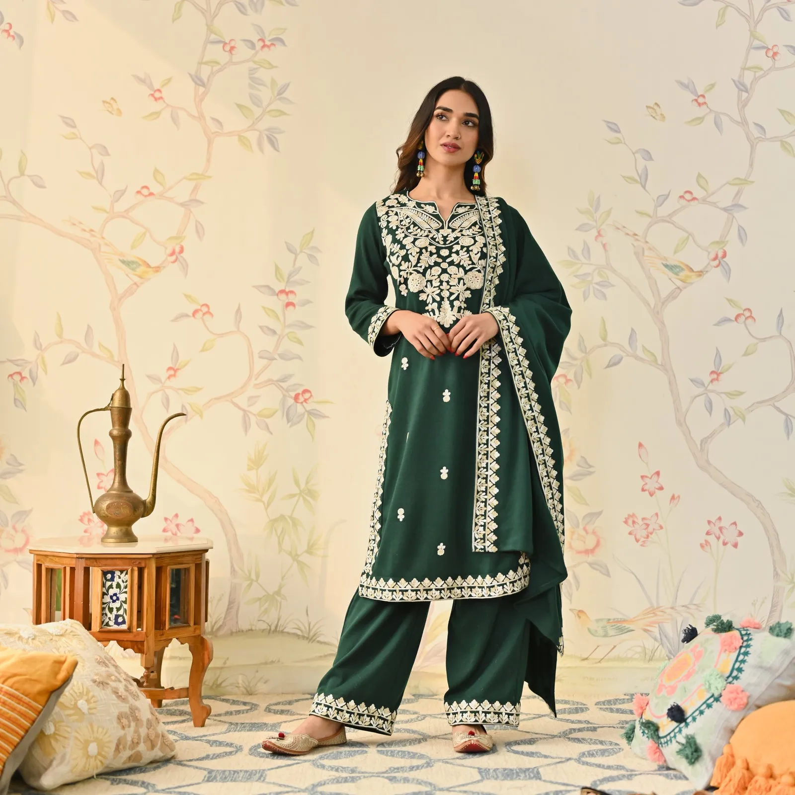 Emerald Green Woollen Embroidered Kurta Pant Set with Dupatta