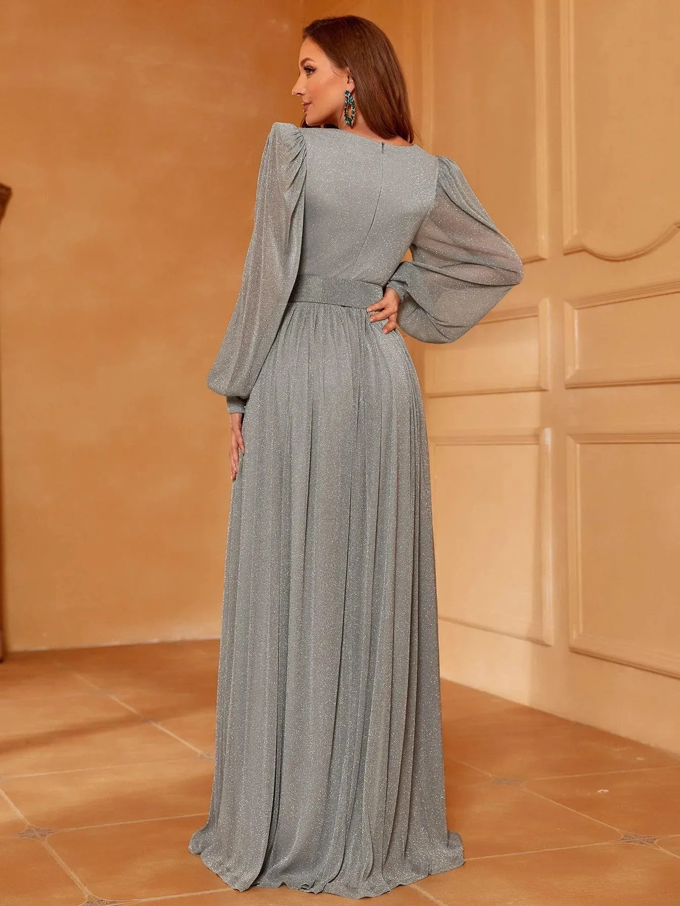 Glitter Bishop Sleeves Belted A Line Dress