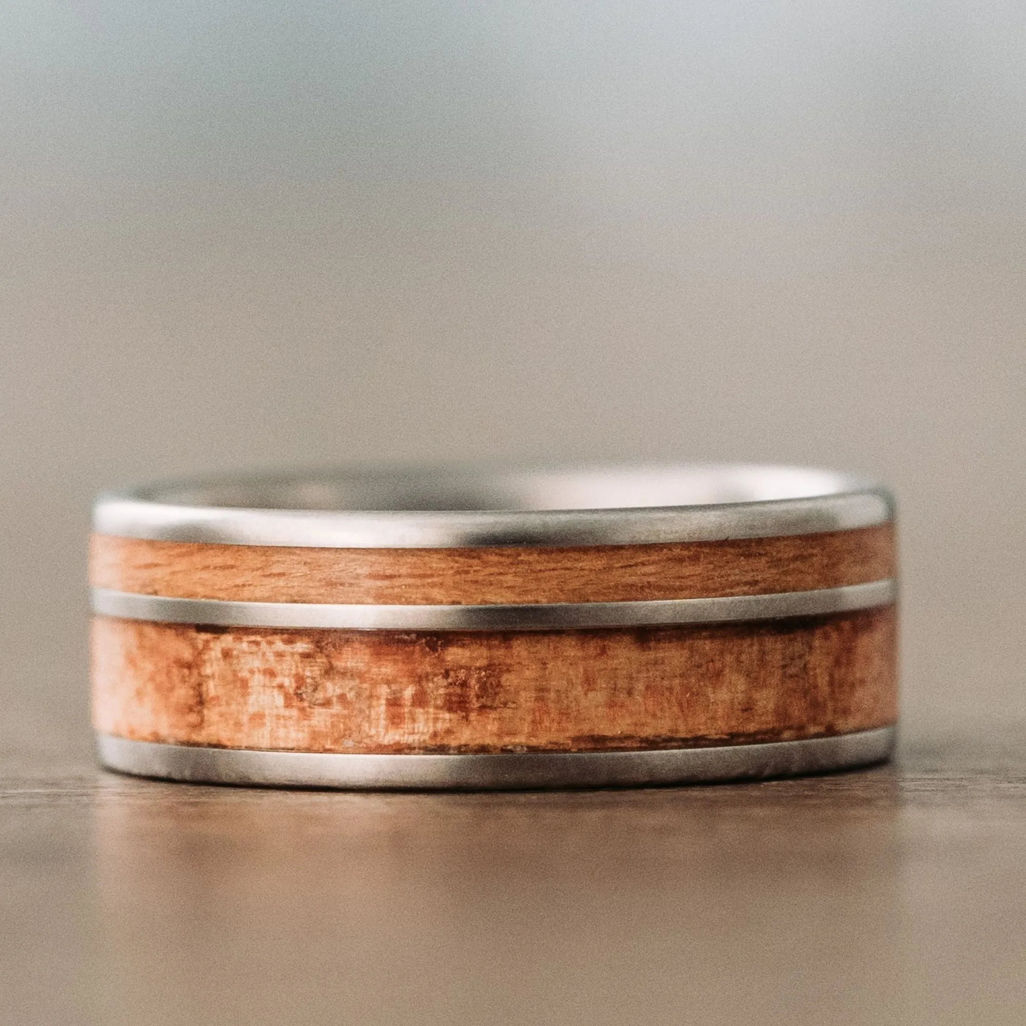 (In-Stock) Spalted Maple & Yellowwood Men's Titanium Wedding Band - Size 9.5 | 8mm Wide