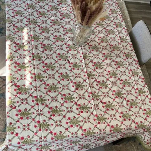 Indian Block Print Tablecloth For Home, Red And White Canvas Cotton Table cover, Rectangle Table Cover, Table cloth, Gift for Home