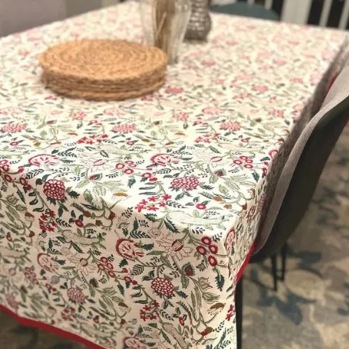 Indian Block Print Tablecloth For Home, Red And White Canvas Cotton Table cover, Rectangle Table Cover, Table cloth, Gift for Home