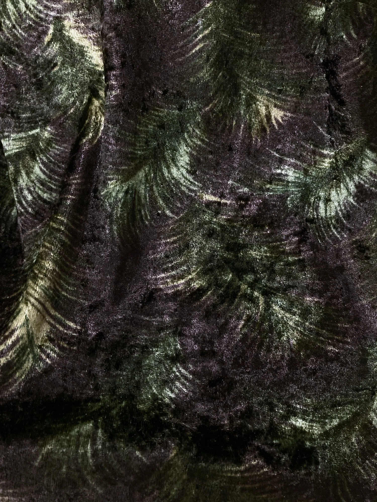 Jean Colonna black green purple feather print velour front cut out mock neck top