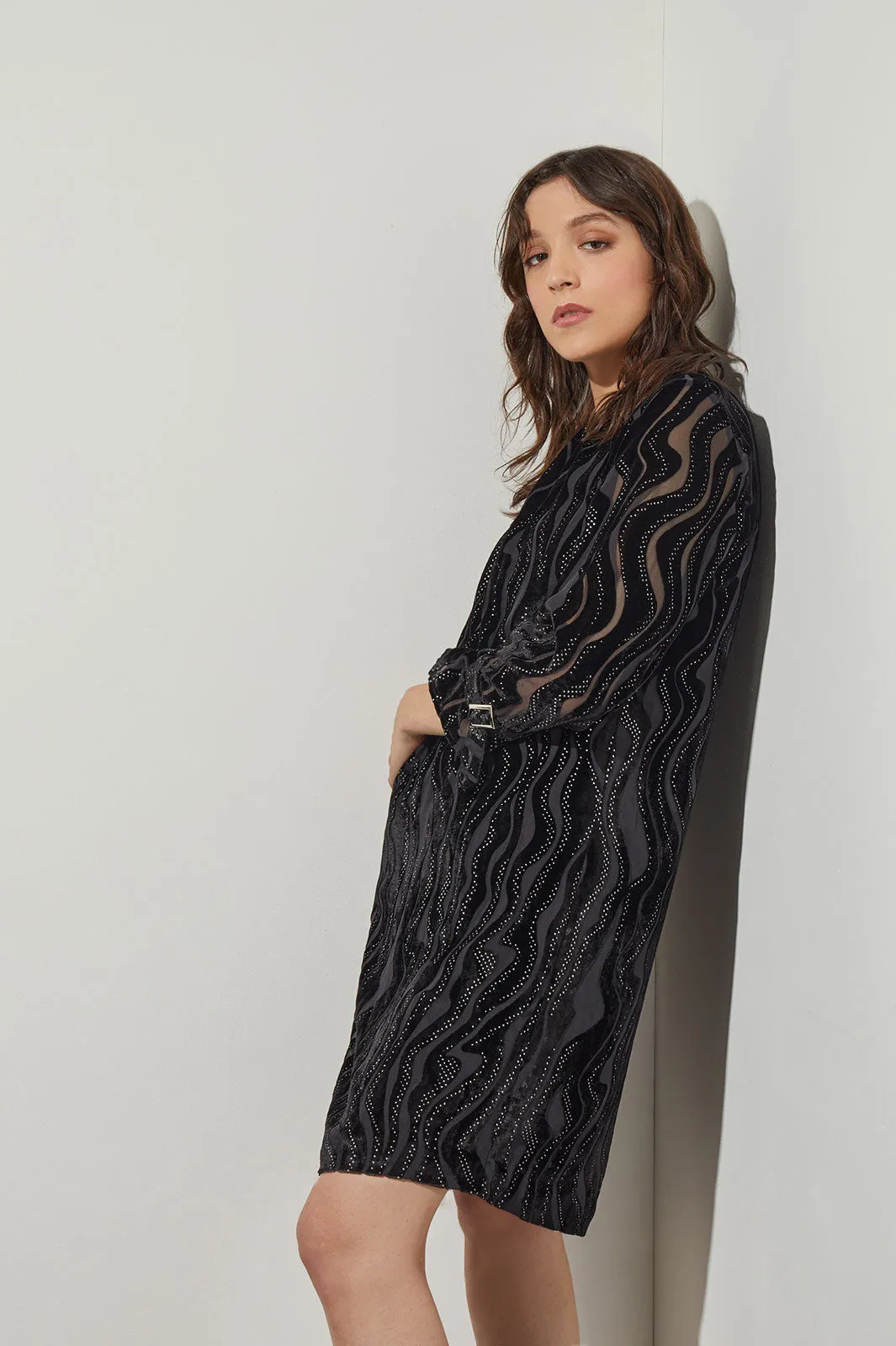 Knee Length Shift Dress - Long Sleeve Velvet Stripe