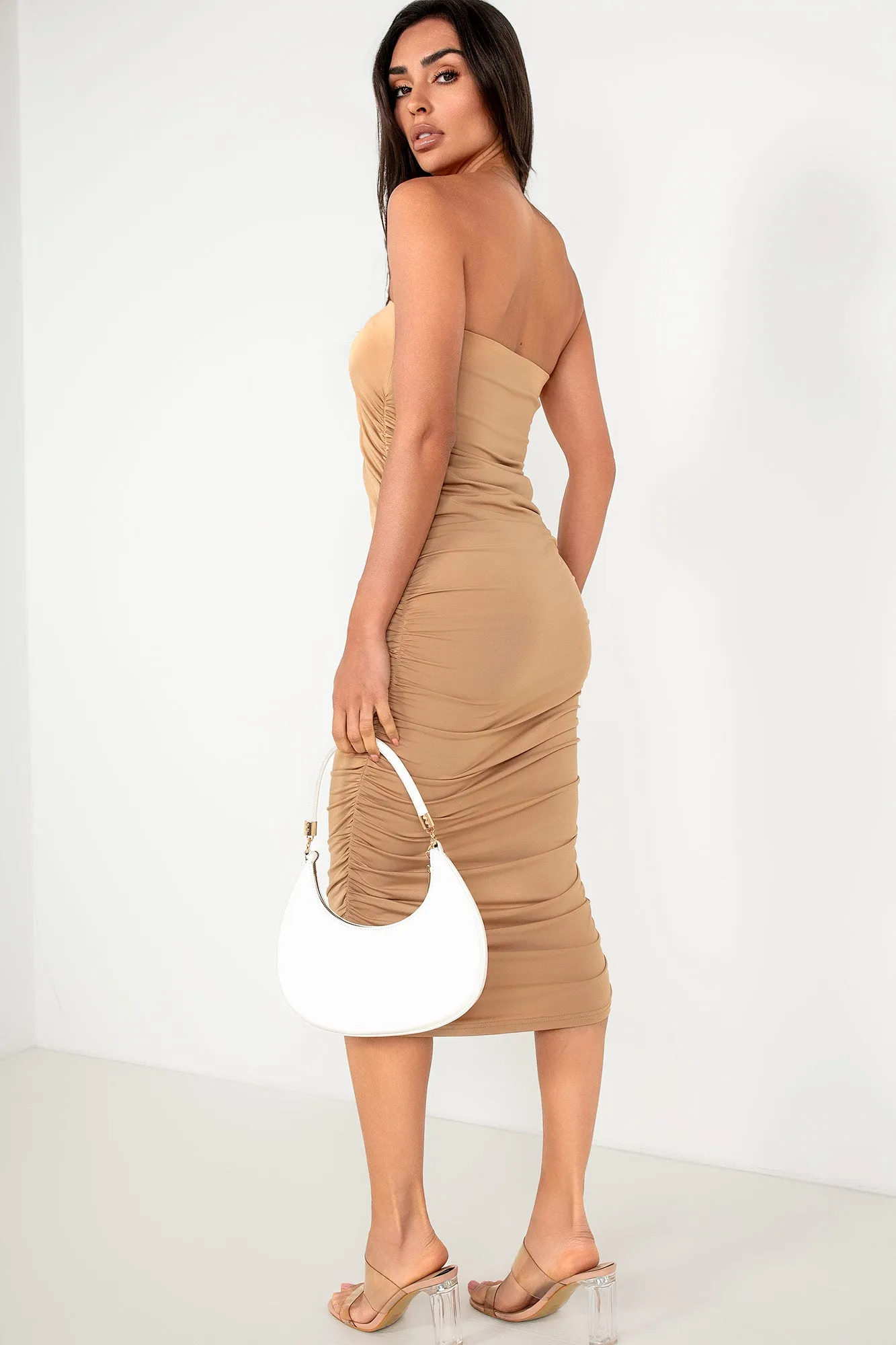 Leslie Camel Ruched Bandeau Dress