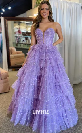 LP1332 - Offf-Shoulder Sweetheart A-Line Tiered Ball Gown Prom Dress