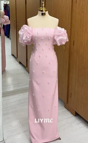 LP1344 - Unique ermaid Fitted Baby Pink Off-Shoulder Floor-Length Prom Gown with Pearls