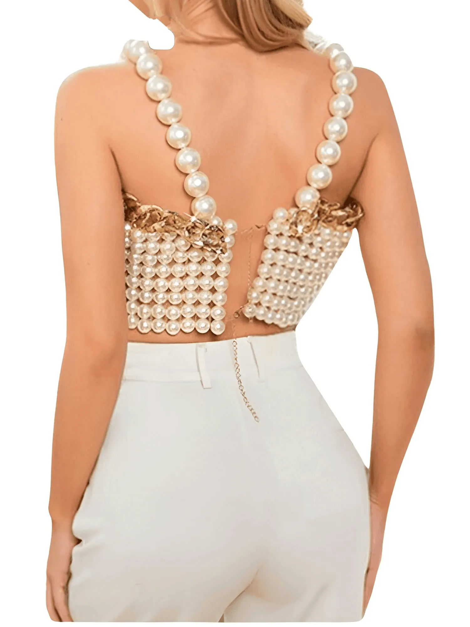 Luxury White Pearl Crop Top with Gold Metal Chain