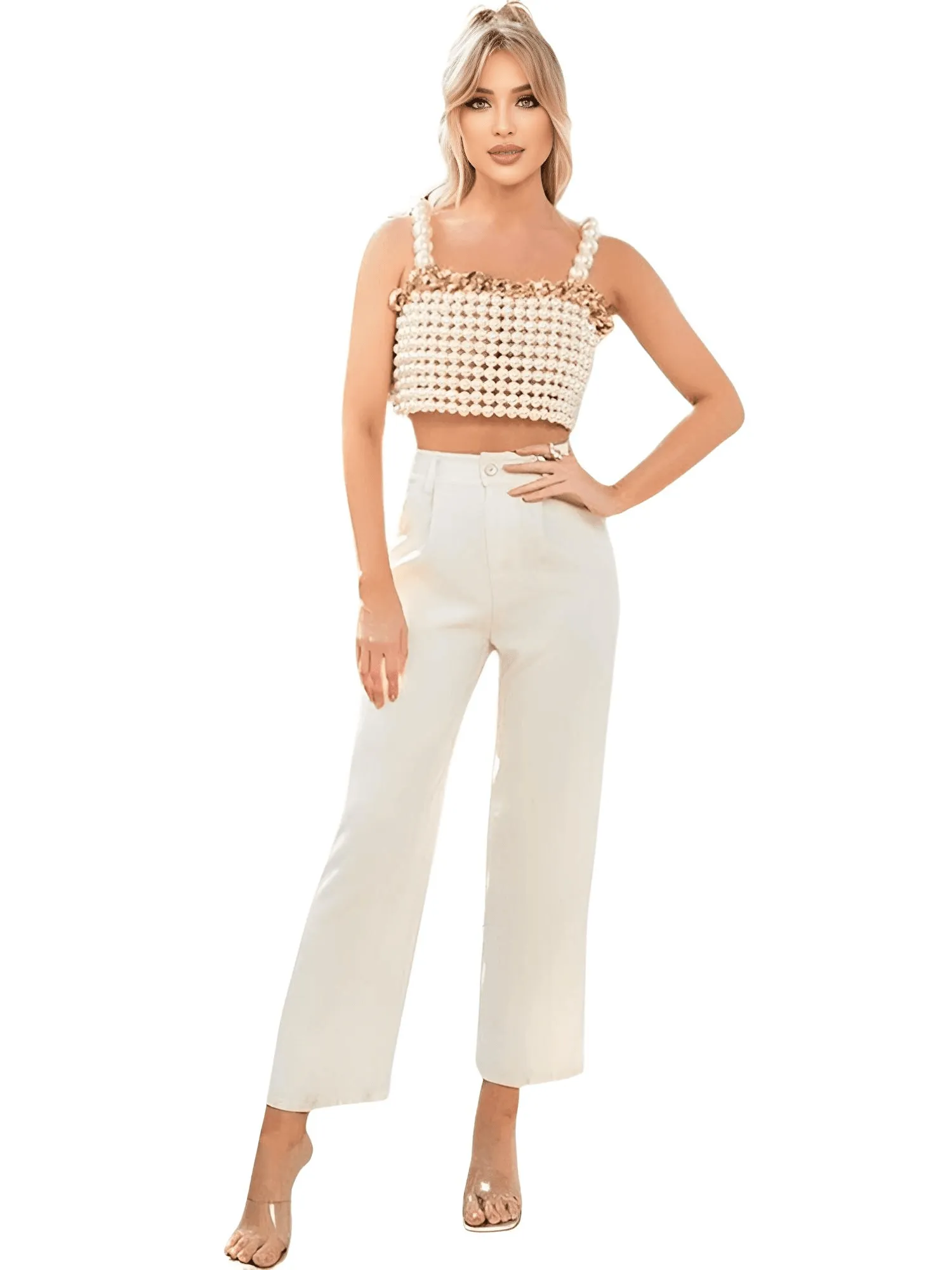 Luxury White Pearl Crop Top with Gold Metal Chain