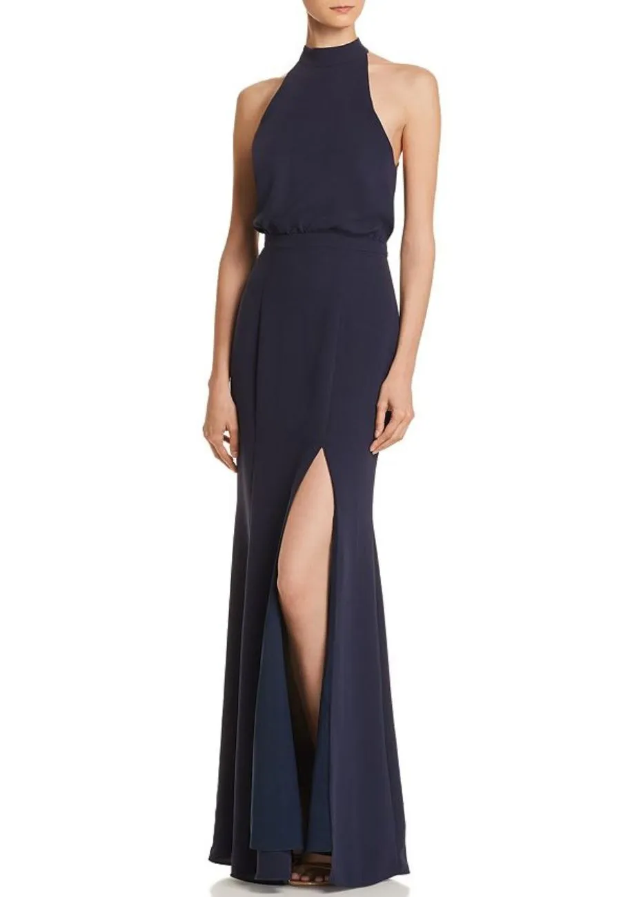 Navy Cameron Mock Neck with Slit Maxi Dress